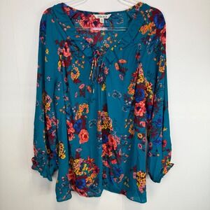 The Pioneer Woman Teal Floral Blouse Ruffle Trim Sleeve Top XXXL Vacation Resort